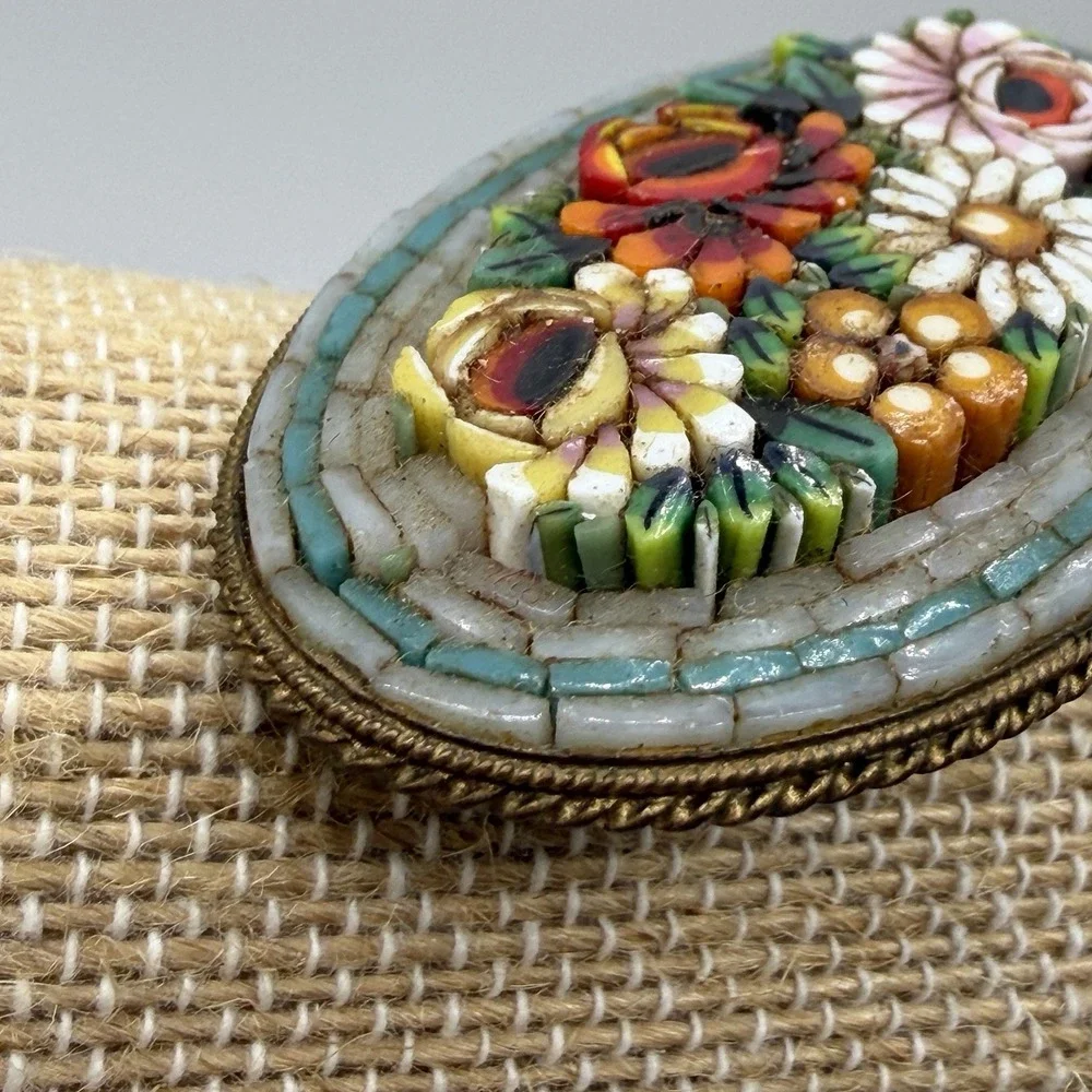 Antique Victorian Brooch Pin Micro Mosaic Inlay Glass Tile Flower Garden Italy